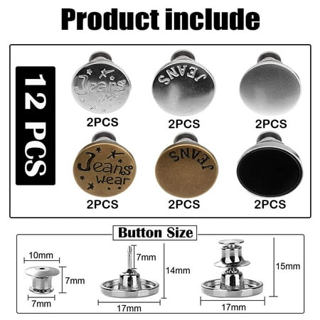 12 Sets Button Pins for Jeans Metal Button Adds Or Reduces an Inch to Any Pants Waist in Seconds Upgraded